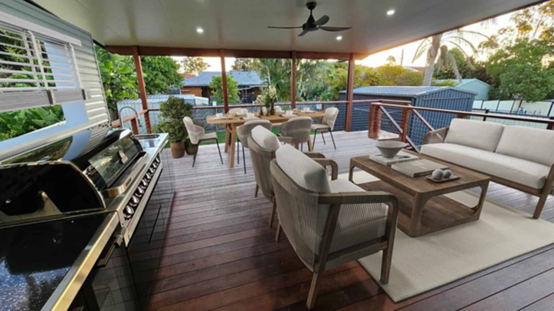 Custom built entertaining timber deck with slimline patio roof built by Hammer & Chisel Carpentry, Brisbane. Barbeque, entertain, relax and enjoy life with family & friends.