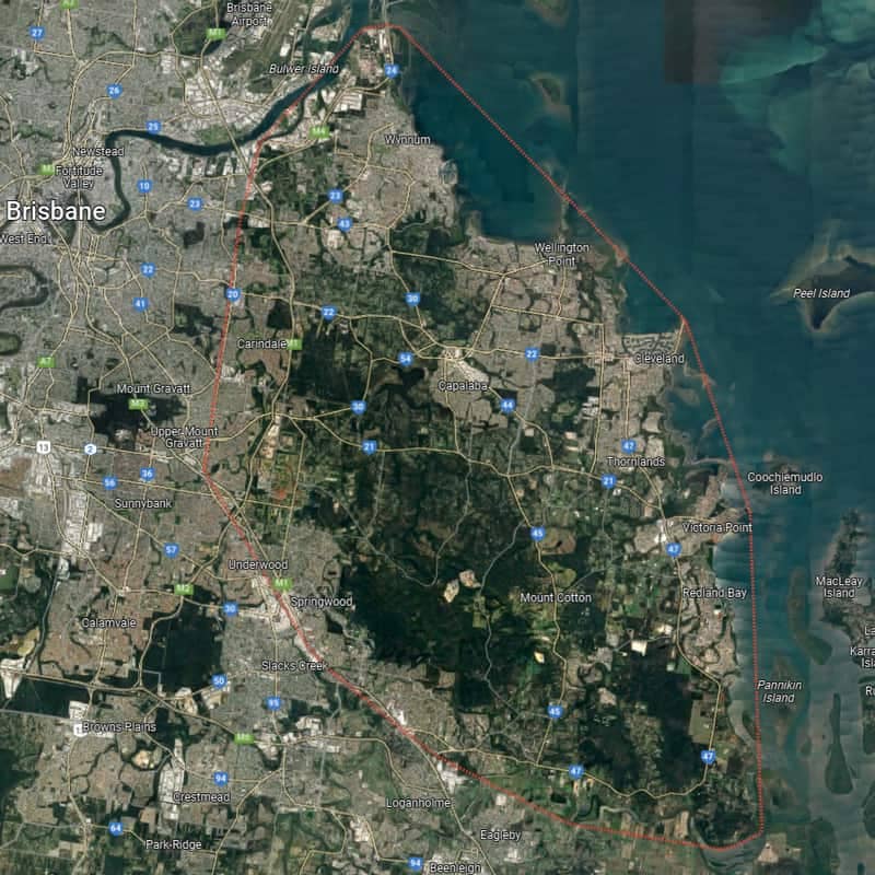 Map of Brisbane Southside, Bayside and Redland suburbs that Hammer & Chisel Carpentry provides their high-quality carpentry services.